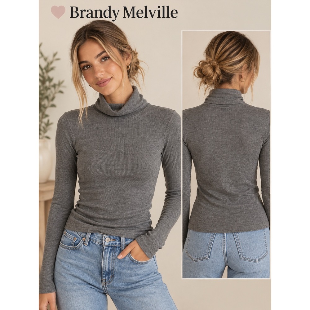 Brandy Melville Dark Gray Ribbed Turtleneck Long Sleeve Top One Size OS New